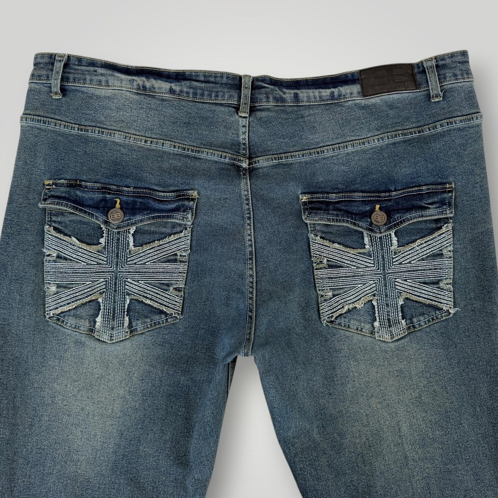 Benjamin Black Jeans Mens 44x30‎ Blue Union Jack Flag Slim Tapered Stretch Denim